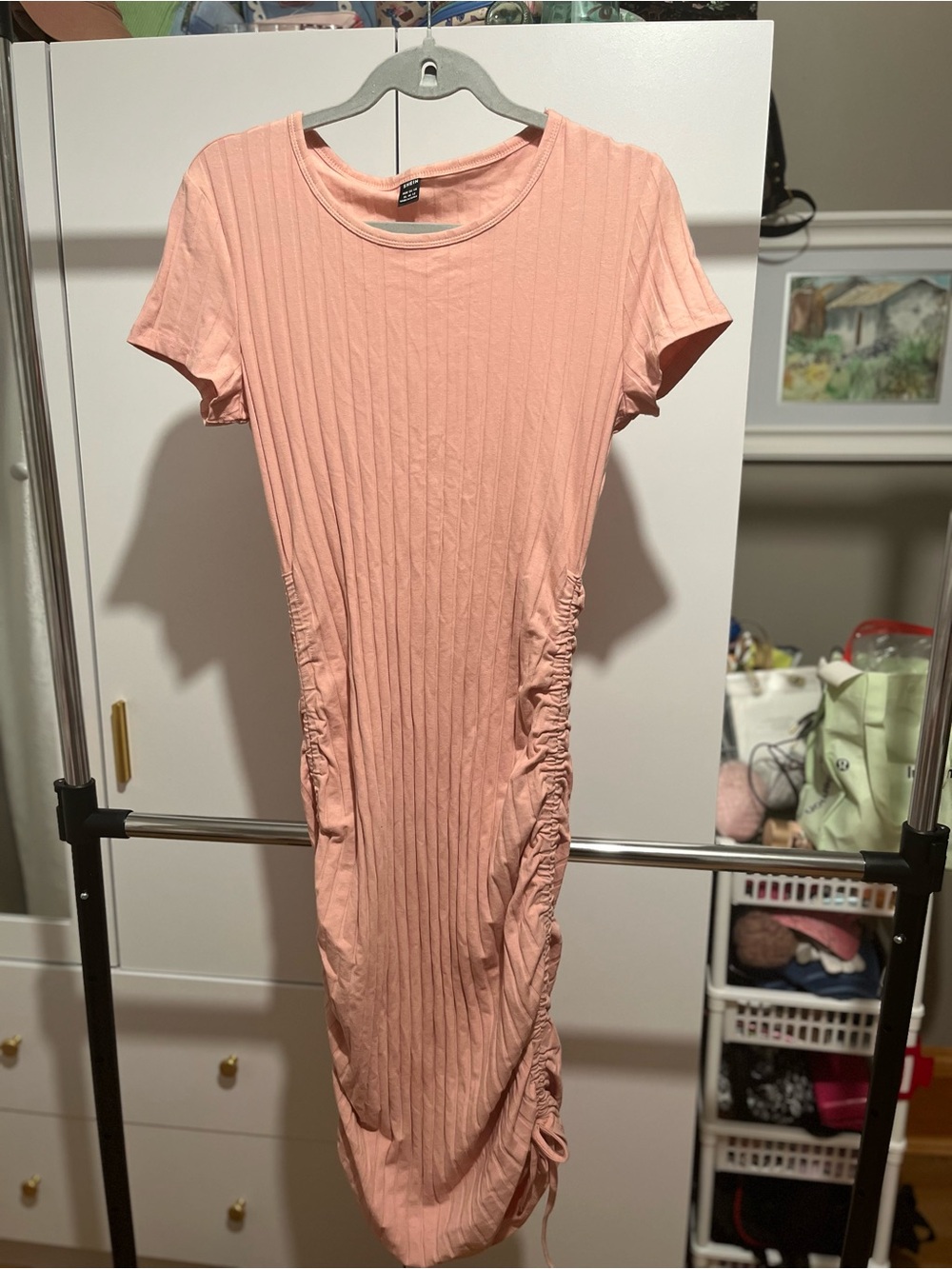 Women’s Ribbed Pink Drawstring Side Midi Dress